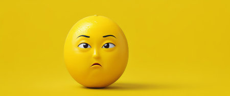 Single Lemon with a Pensive Emoji Face on Yellow Backgroundの素材
