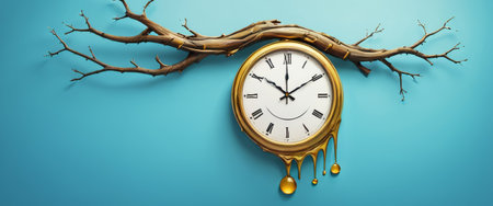 Surreal Melting Clock on Branches Against Blue Backgroundの素材