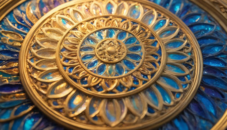 Intricate Mandala Art with Gold and Blue Accentsの素材