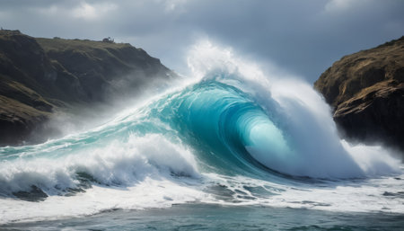 Massive Ocean Wave Crashing Between Rocky Cliffsの素材