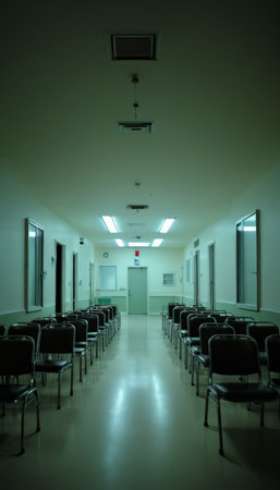 Empty hospital waiting room with rows of chairs and fluorescent lightsの素材