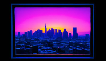 Vibrant cityscape with neon purple and pink sunsetの素材