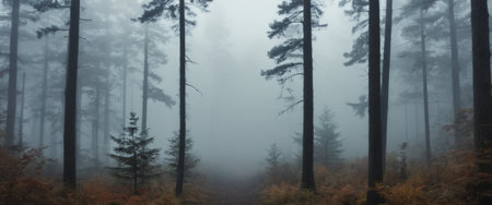 Foggy forest with tall trees and dense mistの素材