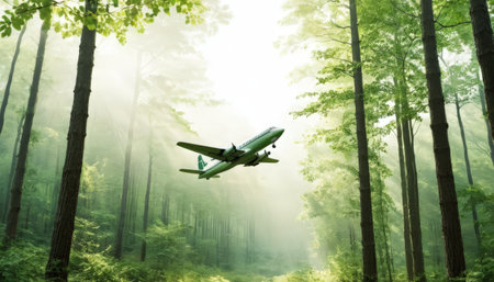 Airplane soaring through a sunlit forestの素材
