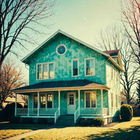Vintage green house on a sunny day with bare treesの素材