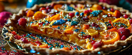 Festive fruit tart with vibrant toppings and holiday decorationsの素材