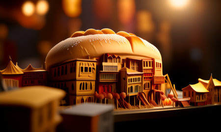 Bread loaf transformed into a miniature cityscapeの素材