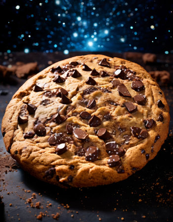 Large chocolate chip cookie against a cosmic backgroundの素材