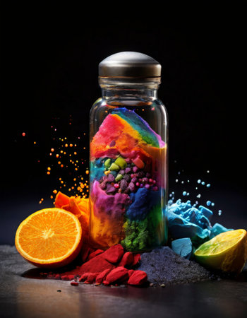 Vibrant multicolored powder explosion in a glass jarの素材