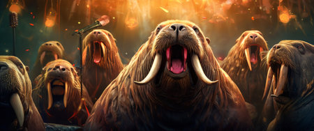 Group of walruses vocalizing in dramatic sunset lightの素材