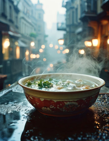 Steaming bowl of soup in a misty street settingの素材