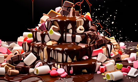 Melting chocolate over assorted candies and marshmallowsの素材
