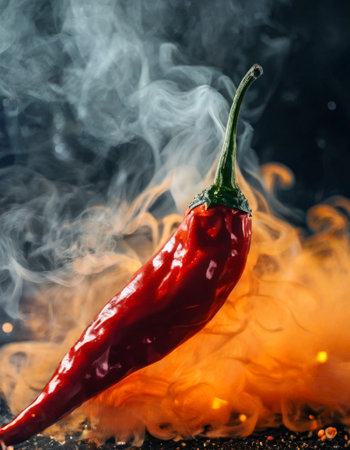 Spicy red chili pepper with smoke and flamesの素材