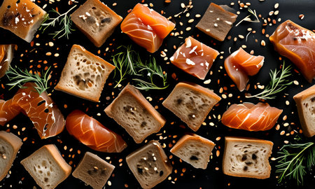 Overhead view of sliced bread and smoked salmon garnished with seedsの素材