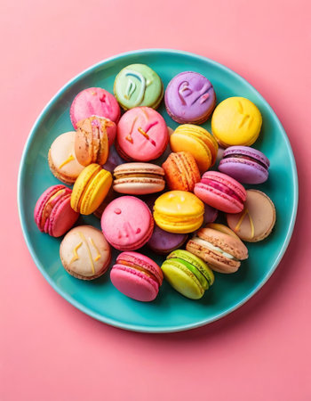 Assorted colorful macarons on a turquoise plateの素材