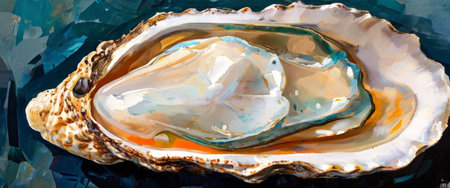 Close-up of a single oyster with a pearl in a half shell on a dark backgroundの素材