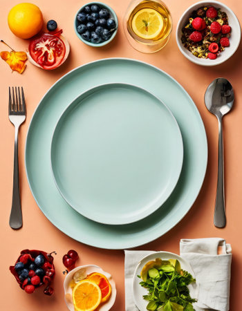 Colorful flat lay of healthy fruits and breakfast ingredientsの素材