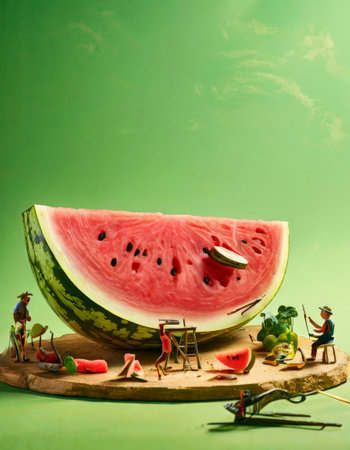 Miniature people working on a large watermelon sliceの素材