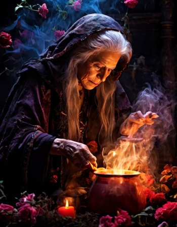Elderly witch brewing a potion amidst swirling magical smokeの素材