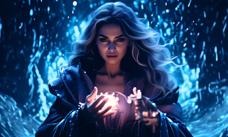 Enigmatic woman holding glowing orb in a mystical settingの素材