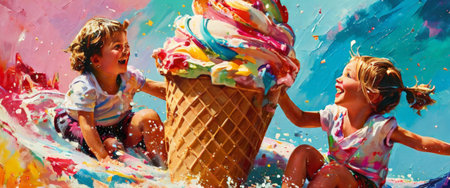 Children playing with giant ice cream cone in a colorful sceneの素材