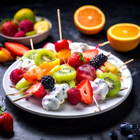 Colorful fruit skewers with yogurt on a white plateの素材