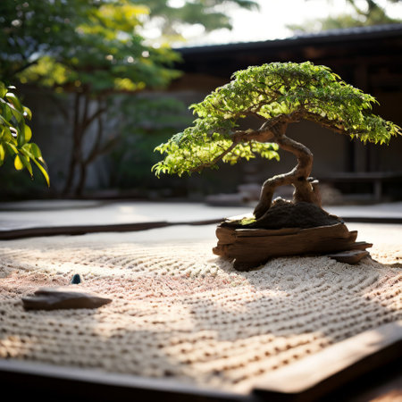 Zen garden with bonsai tree in sunlightの素材