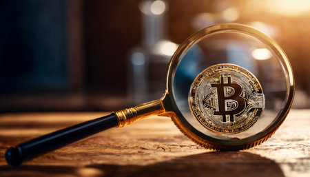 Magnifying glass focusing on bitcoin, emphasizing cryptocurrency analysisの素材
