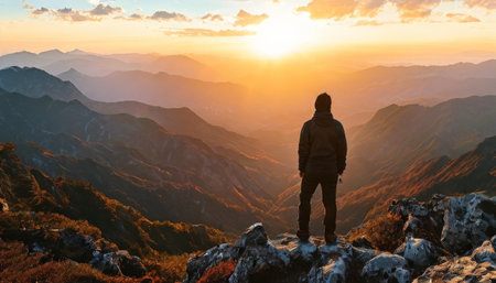 Adventurer standing on mountain peak at sunriseの素材