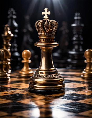 Chess king piece on board illuminated in dramatic lightの素材