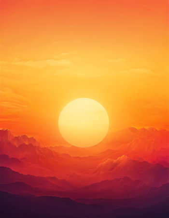 Vibrant sunset over misty mountains in warm orange tonesの素材