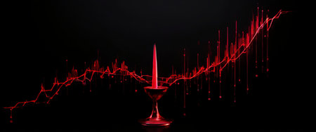Red candle with rising chart symbolizing financial growthの素材