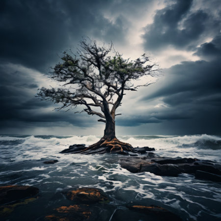 Lone tree on rocky shore against stormy skyの素材