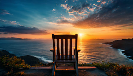 Tranquil sunset view from a wooden chair overlooking the oceanの素材