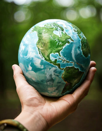 Hand holding a globe with North America in focusの素材