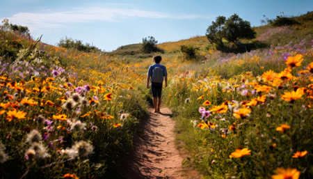 Person walking through a vibrant wildflower meadow under a sunny skyの素材