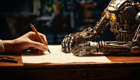 Robot assisting in creative writing with a humanの素材