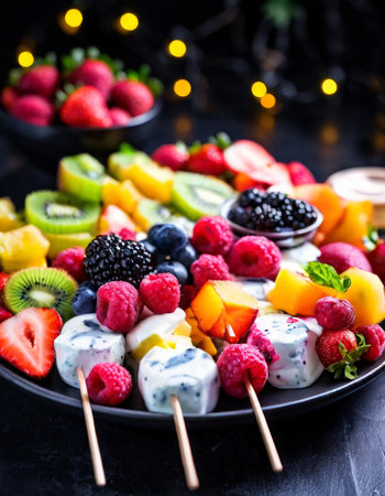 Assorted fresh fruits on skewers with yogurt drizzleの素材