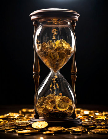 Bitcoin coins flowing through hourglass, concept of time and wealthの素材