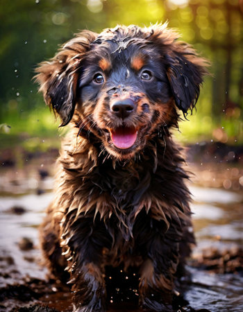 Happy wet puppy enjoying a playful outdoor mud bathの素材