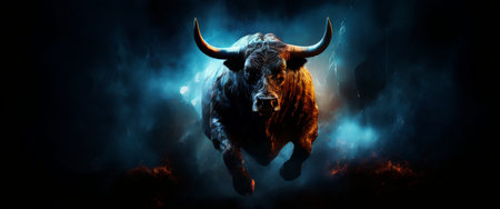 Bull charging forward in a dramatic, smoky landscapeの素材