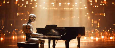 Robot playing grand piano under dramatic stage lightingの素材