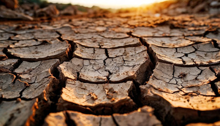Cracked, parched earth under the golden light of sunsetの素材