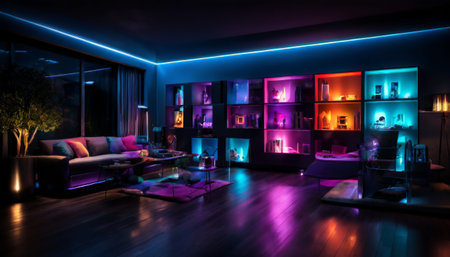 Modern living room illuminated with vibrant neon lightingの素材