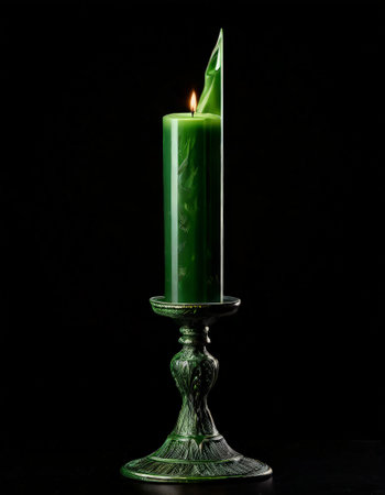 Green candle melting upward with unique arrow-shaped flameの素材