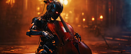 Robotic musician playing cello in dimly lit ambianceの素材