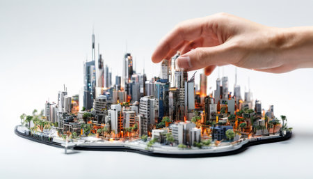 Hand arranging a miniature cityscape model with glowing lightsの素材