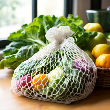 Fresh vegetables in eco-friendly reusable mesh bag on wooden surfaceの素材