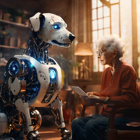 Elderly woman interacting with a robotic dog in a cozy homeの素材