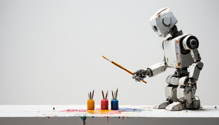 Robot painting with colorful paint jars on a white tableの素材